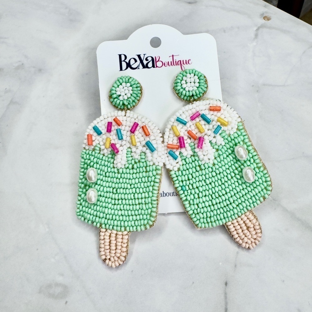 Green Ice Cream Beaded Earrings